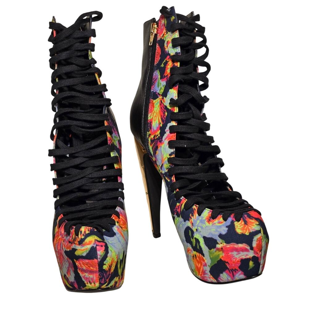 SHI Platform Ankle Boots Womens 10 Multicolor Floral Lace Up Stiletto Heel